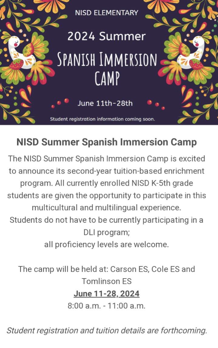A flyer about Spanish Immersion camp in June of 2024