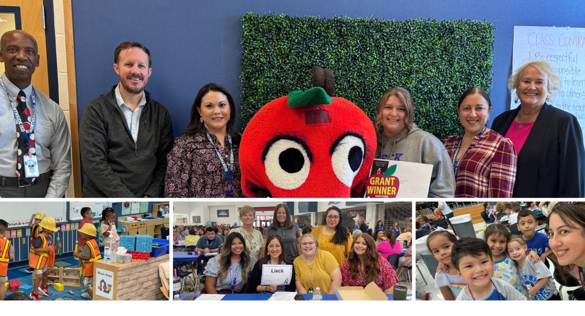 Board members and admin present grants to new teachers, students learn through play, new teachers join Lieck staff, Principal Jess Garza enjoys lunch with Kindergarten students