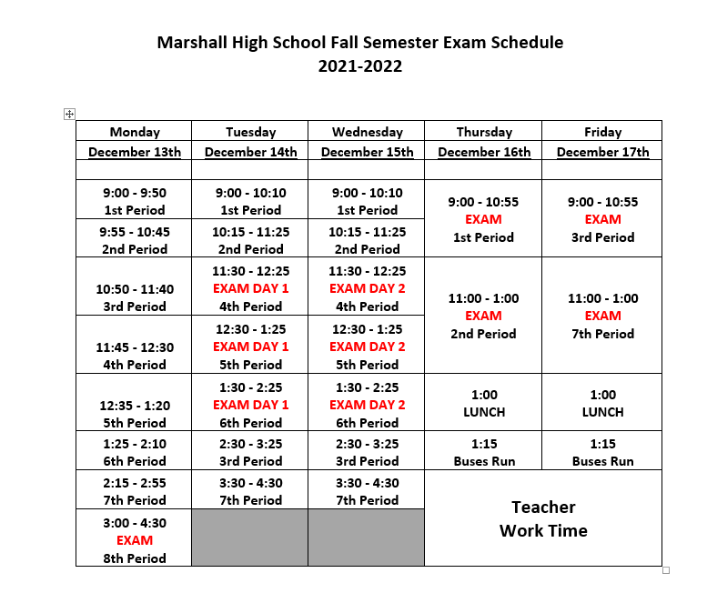 Utsa Final Exam Schedule Fall 2022 Fall 2021 Semester Exam Schedule | John Marshall High School Northside  Independent School District