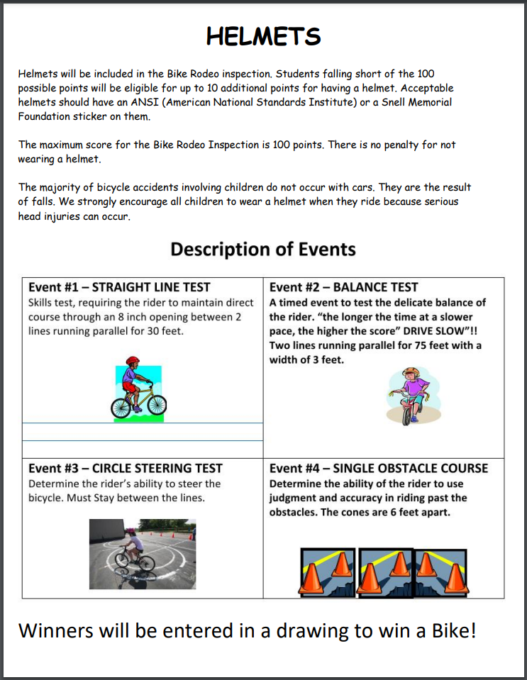 Helmets will be included in the Bike Rodeo inspection. Students falling short of the 100 possible points will be eligible for up to 10 additional points for having a helmet. The majority of bicycle accidents involving children do not occur with cars. 