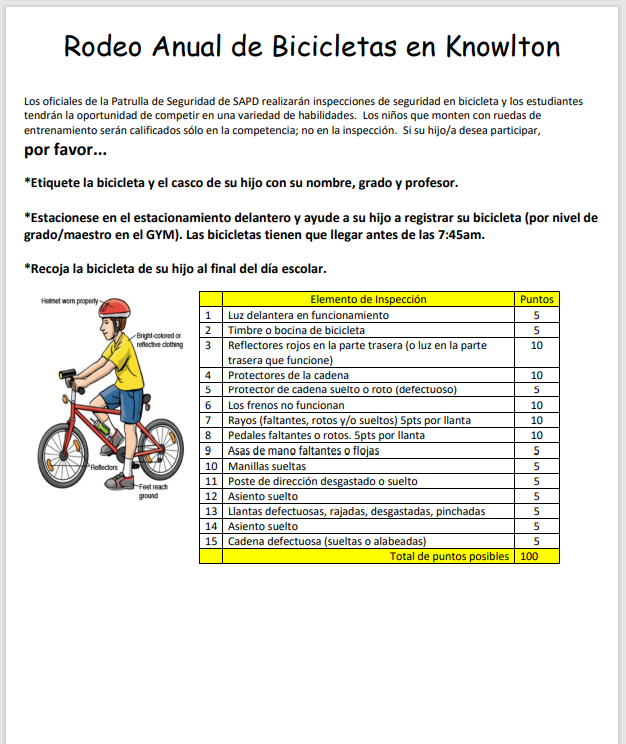 Los oficiales de la Patrulla de Seguridad de SAPD realizarán inspecciones de seguridad en bicicleta y los estudiantes tendrán la oportunidad de competir en una variedad de habilidades. Los niños que monten con ruedas de entrenamiento serán calificados sólo en la competencia; no en la inspección. Si su hijo/a desea participar, 