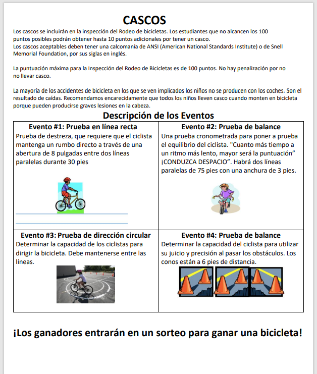 Los cascos se incluirán en la inspección del Rodeo de bicicletas. Los estudiantes que no alcancen los 100 puntos posibles podrán obtener hasta 10 puntos adicionales por tener un casco.  La mayoría de los accidentes de bicicleta en los que se ven implicados los niños no se producen con los coches.