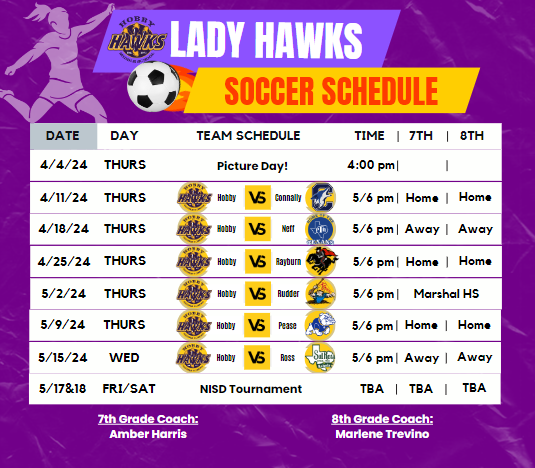 Purple illutration with purple, yellow and white box. Showing the Girls soccer schedule for the 2024 school year