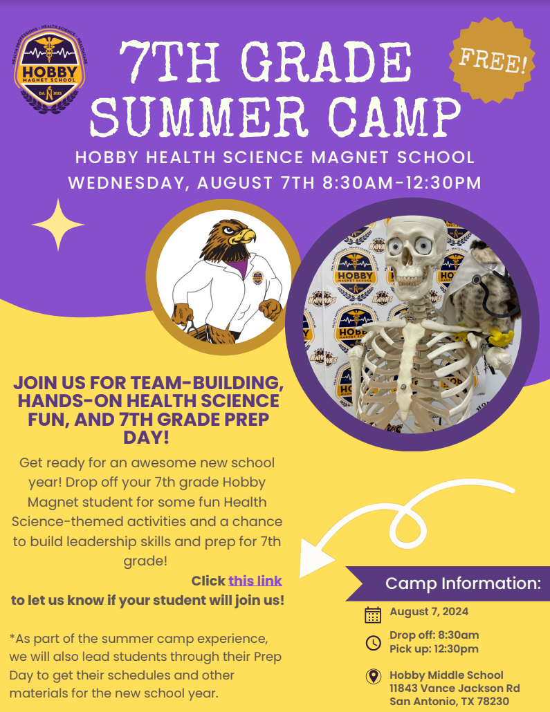 Colorful flyer promoting exciting 7th grade summer camp program for kids.