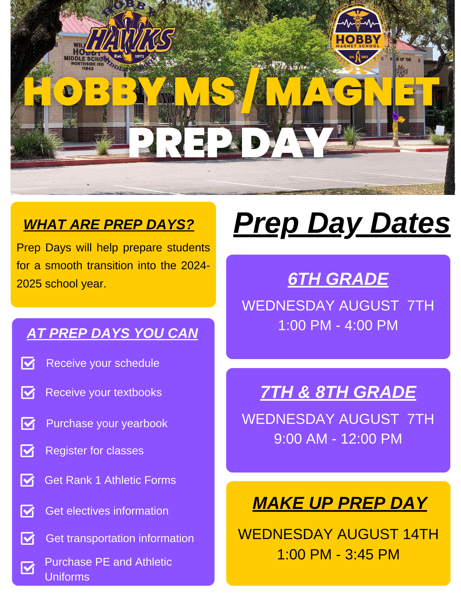 yellow and purple illustration with black lettering and picture of Hobby Middle School. 