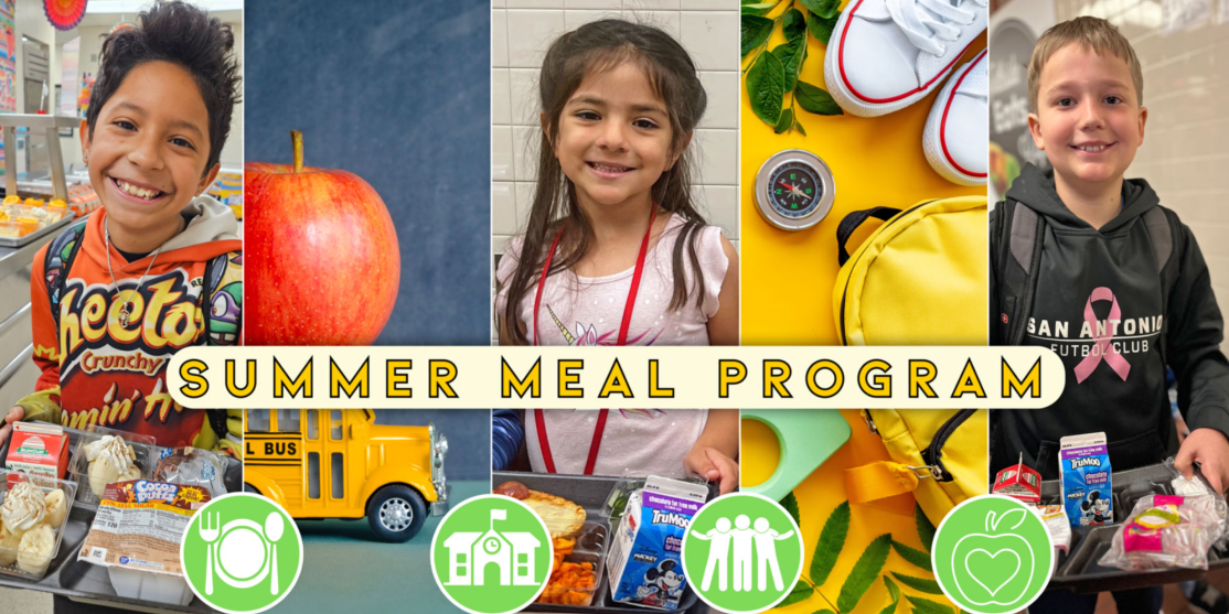 Picture of students with food with a summer meal program text in yellow letters