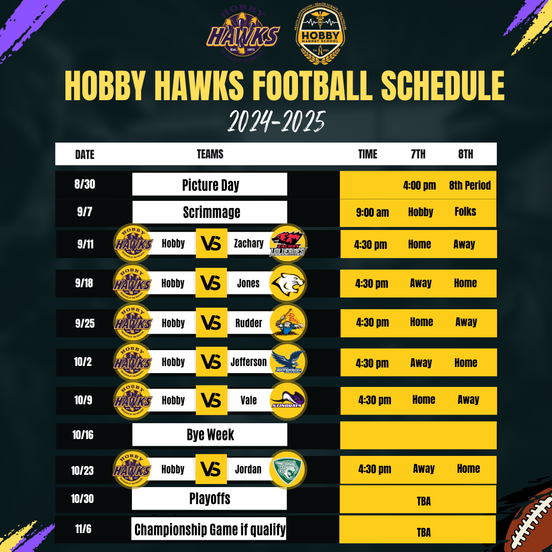 Dark illustration with yellow and black lettering showing the schedule for the 2024-2025 Boys Football schedule
