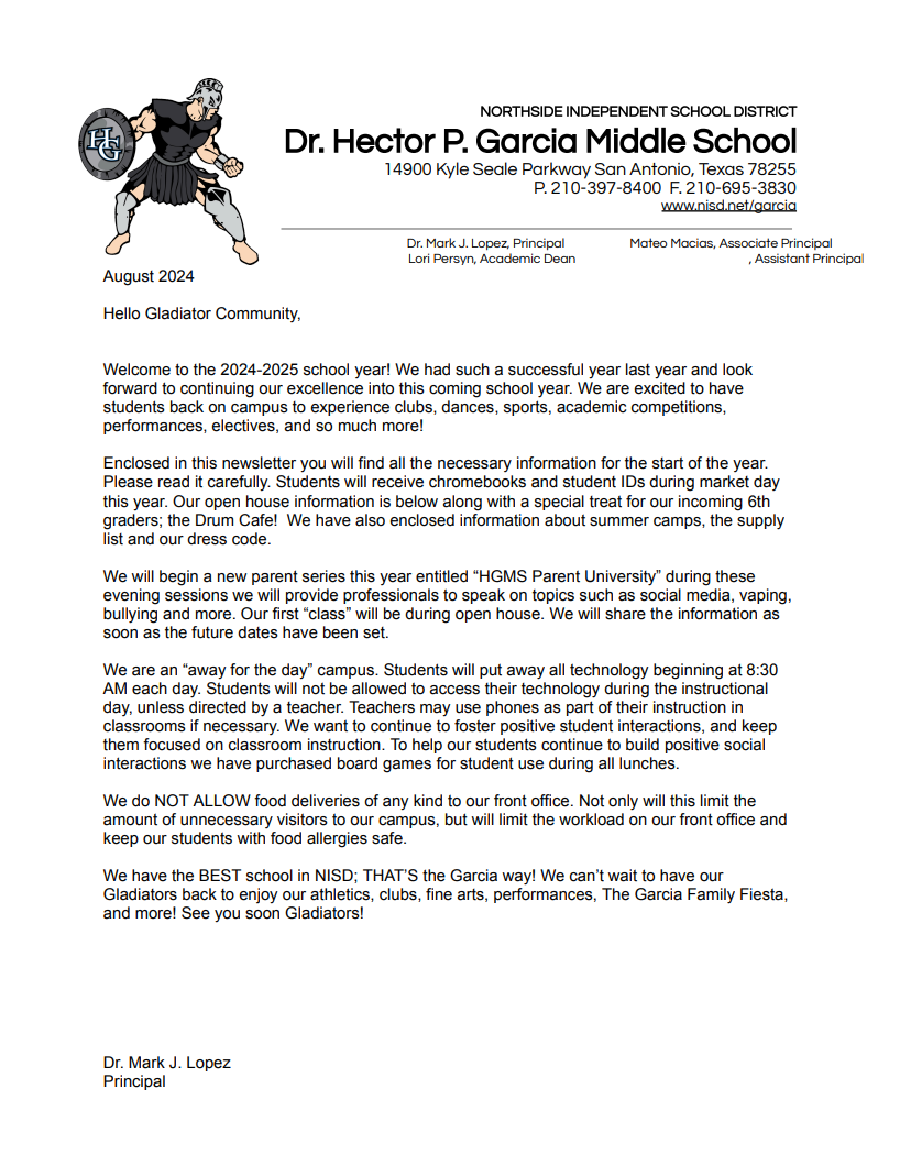 HGMS Principal Letter 2024-2025