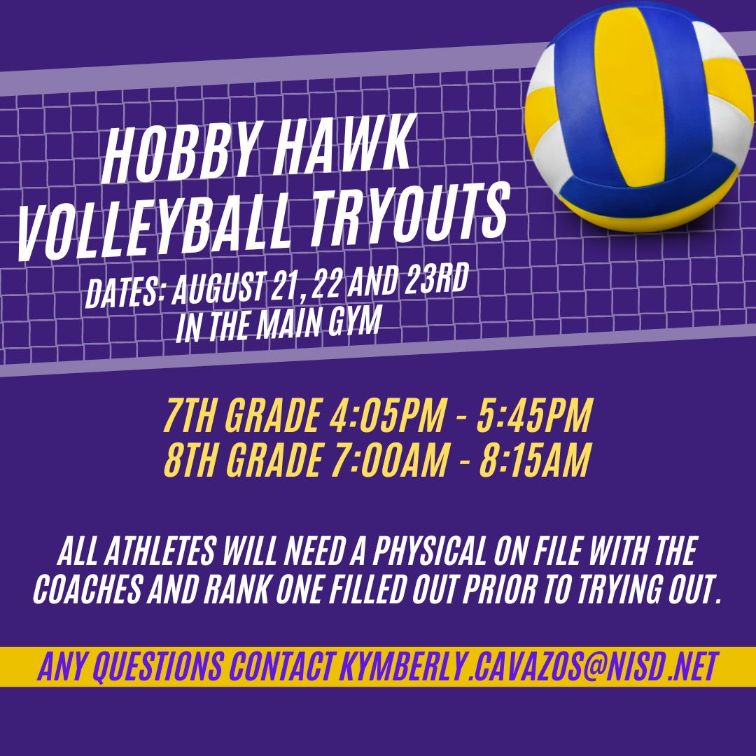 Purple illustration with images of a volleball and net. White and yellow text stating when tryouts will begin