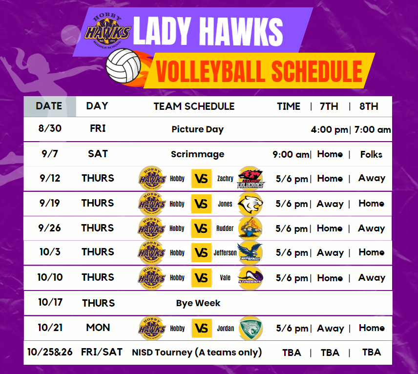 Purple illustration with images of volleyball and player with white black and red lettering stating the lady hawks volleyball schedule for the 24-25 school year. Click here for more info