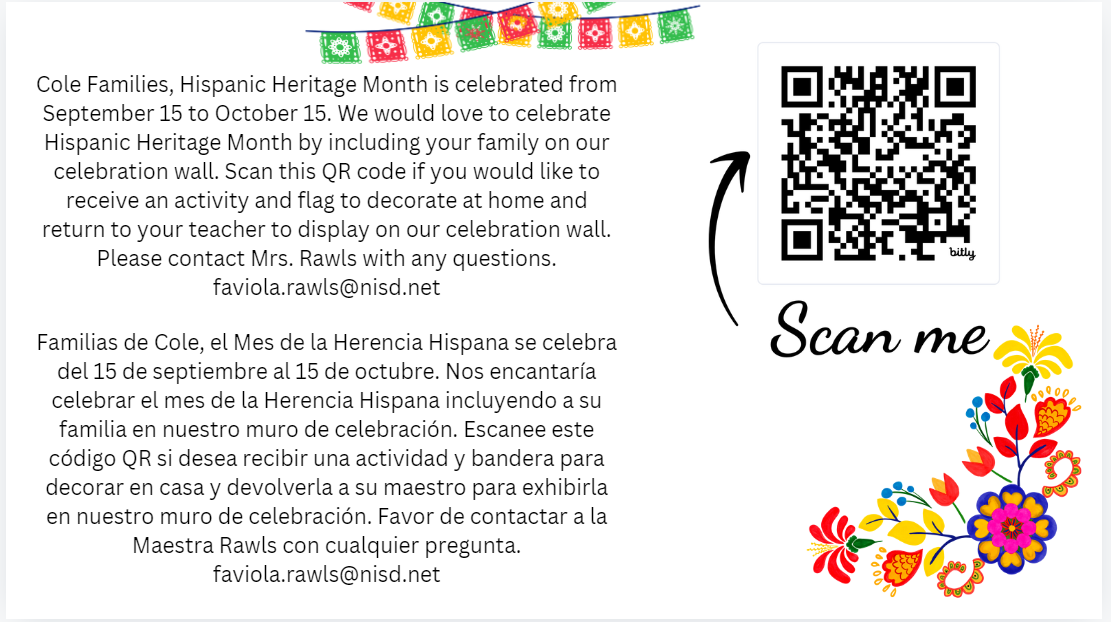 Flyer stating the Hispanic Heritage month Cole celebration wall