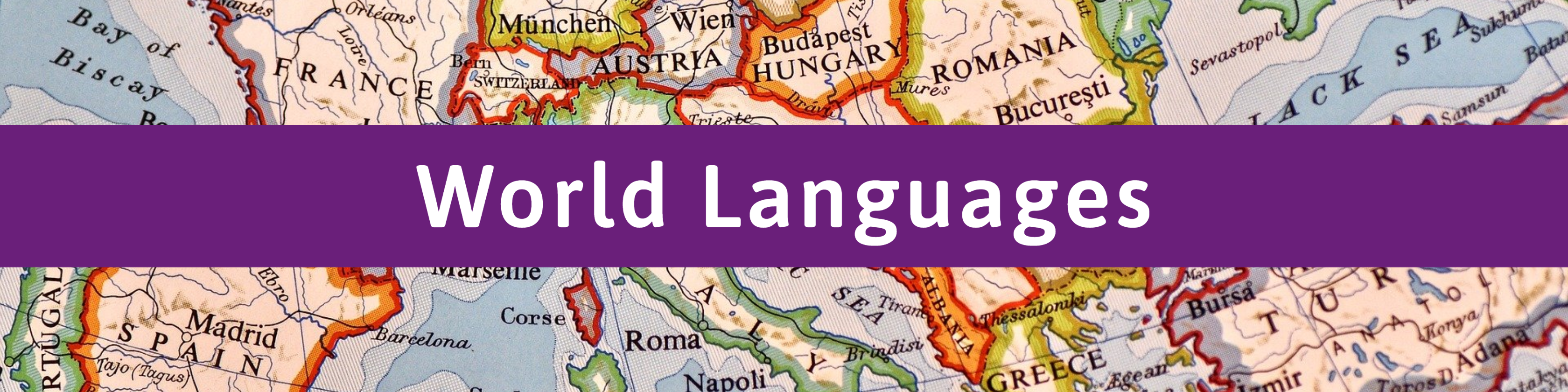 Graphic with text that reads "World Languages" in a purple box over an image of a map.