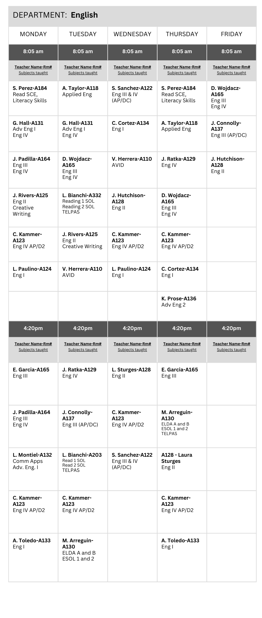 English 2024-2025 Tutoring Schedule