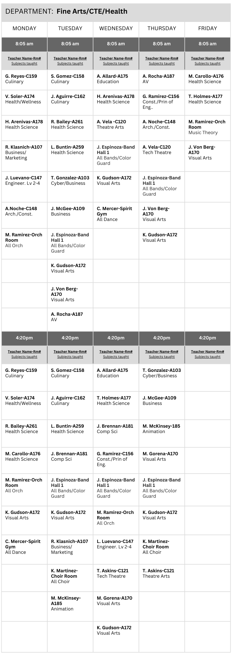 Fine Arts/CTE/Health 2024-2025 Tutoring Schedule