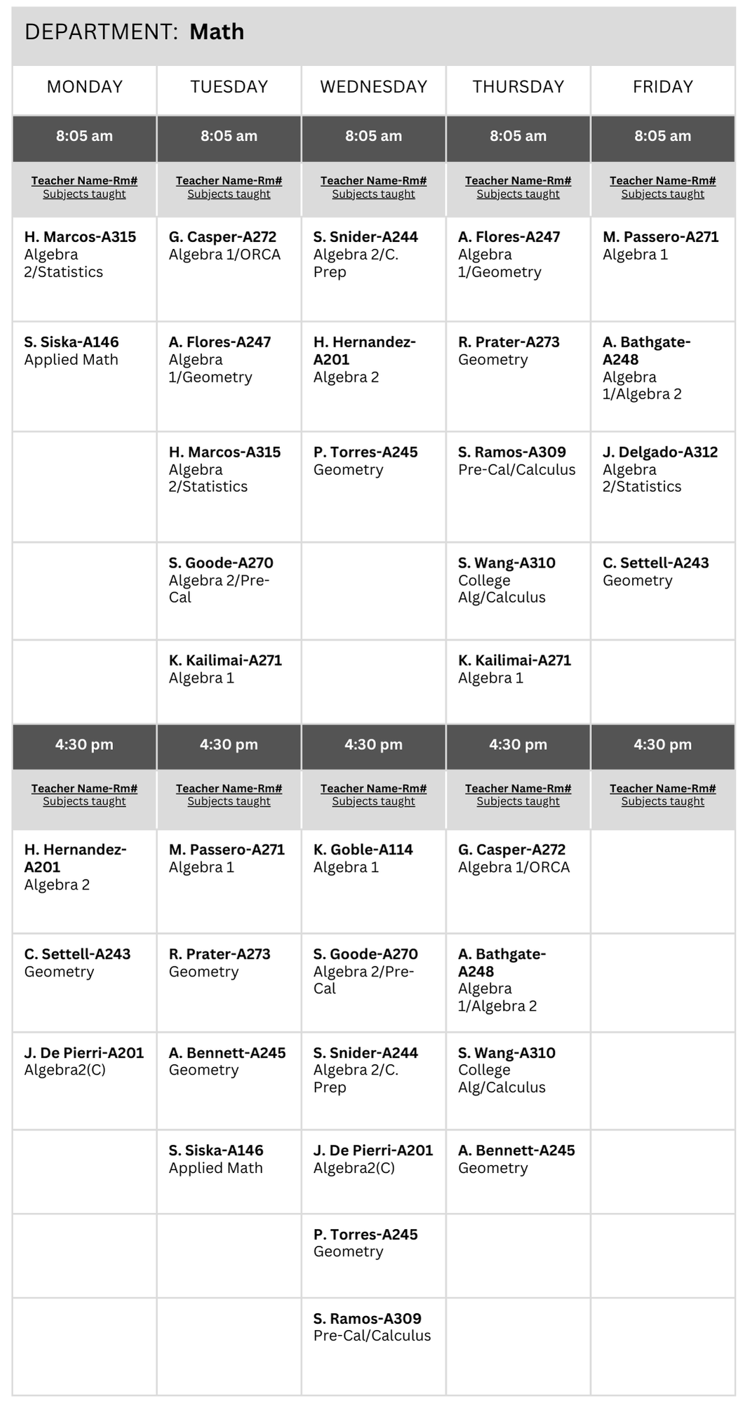 Math 2024-2025 Tutoring Schedule