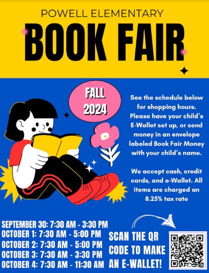 book fair flyer with information about times, dates and e-wallet option