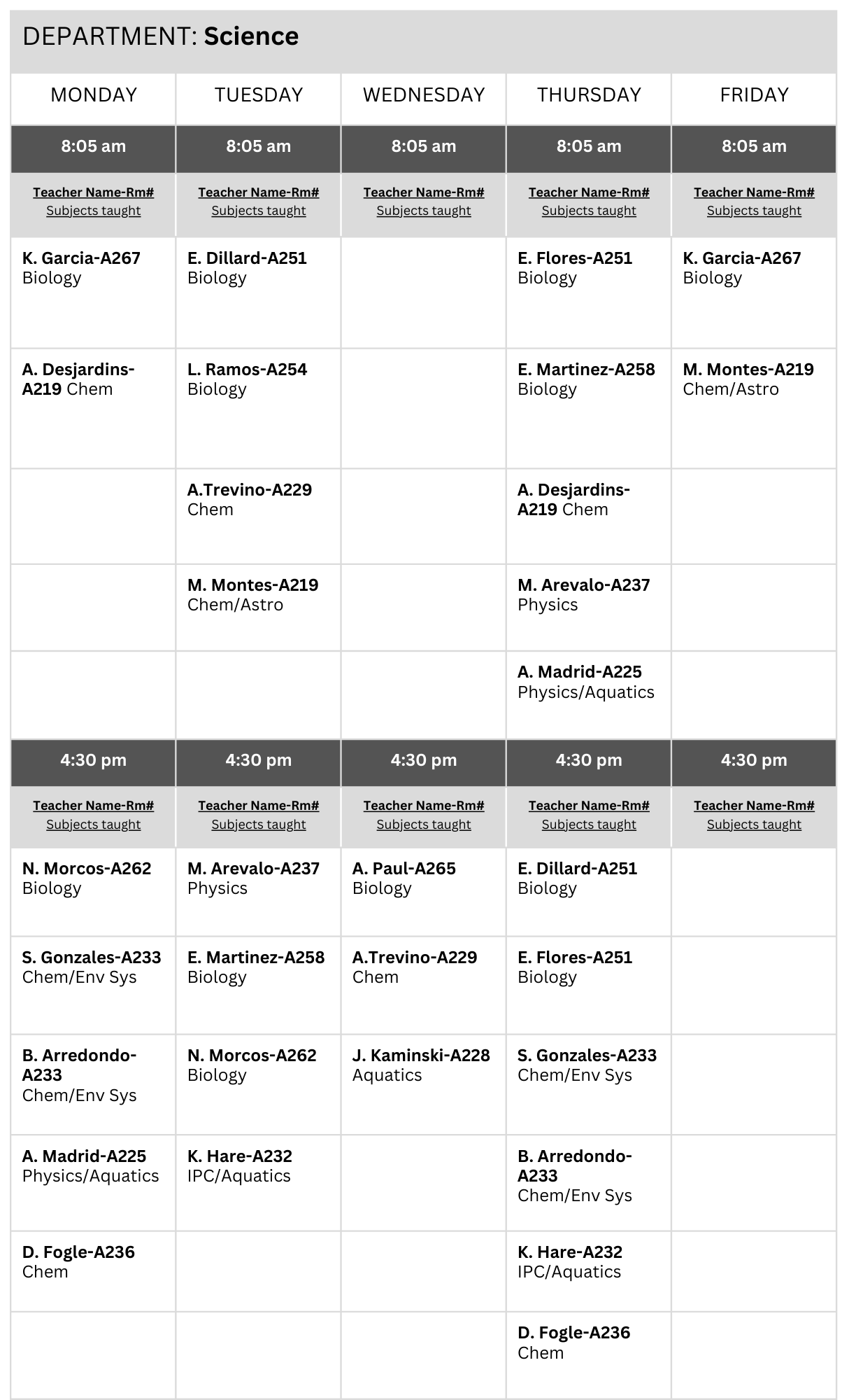 Science 2024-2025 Tutoring Schedule