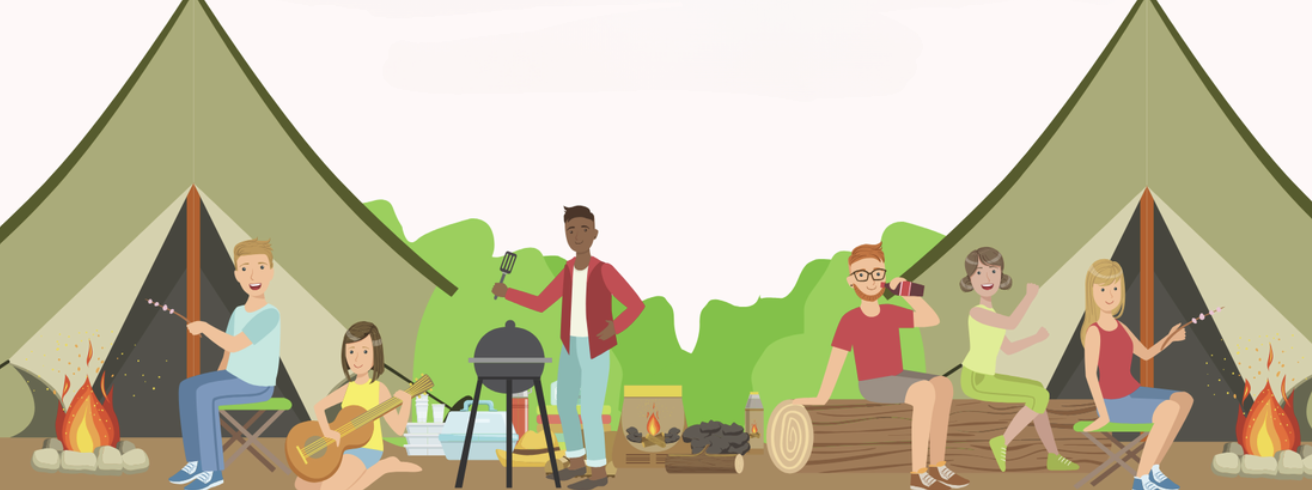 Fun cartoon like scene of a diverse group of people camping