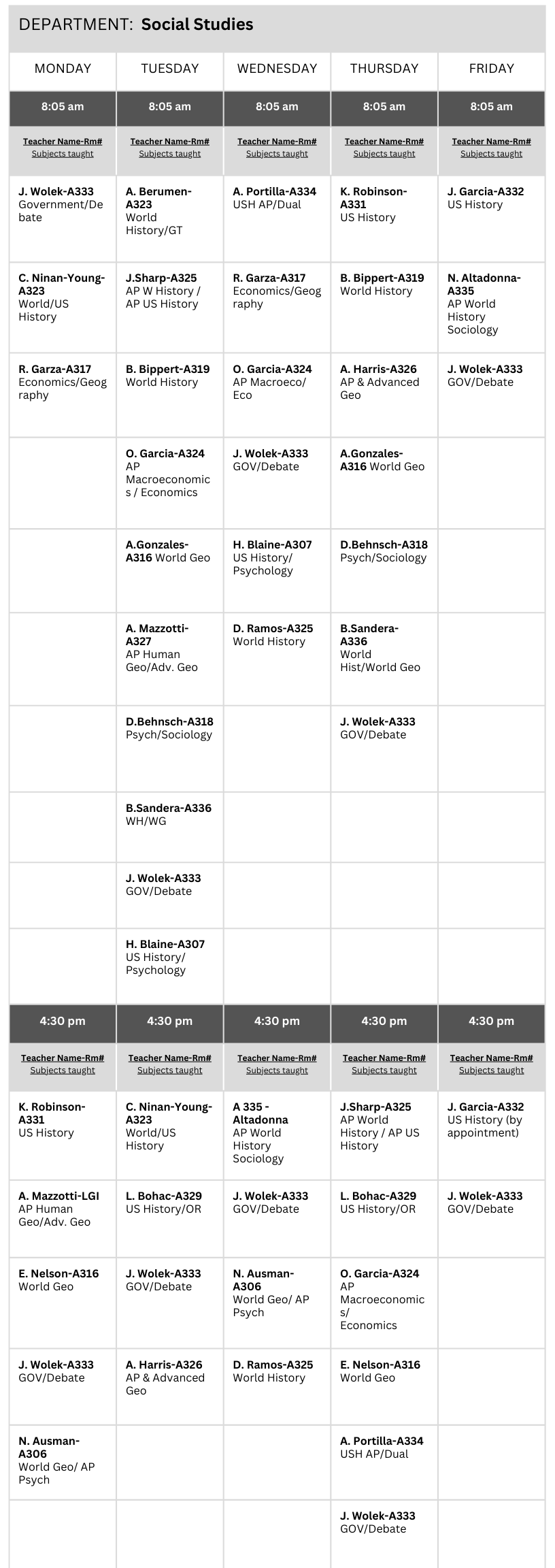 Social Studies 2024-2025 Tutoring Schedule