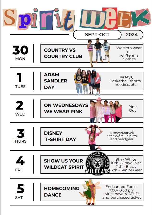 Spirit week flyer with each day's dress up