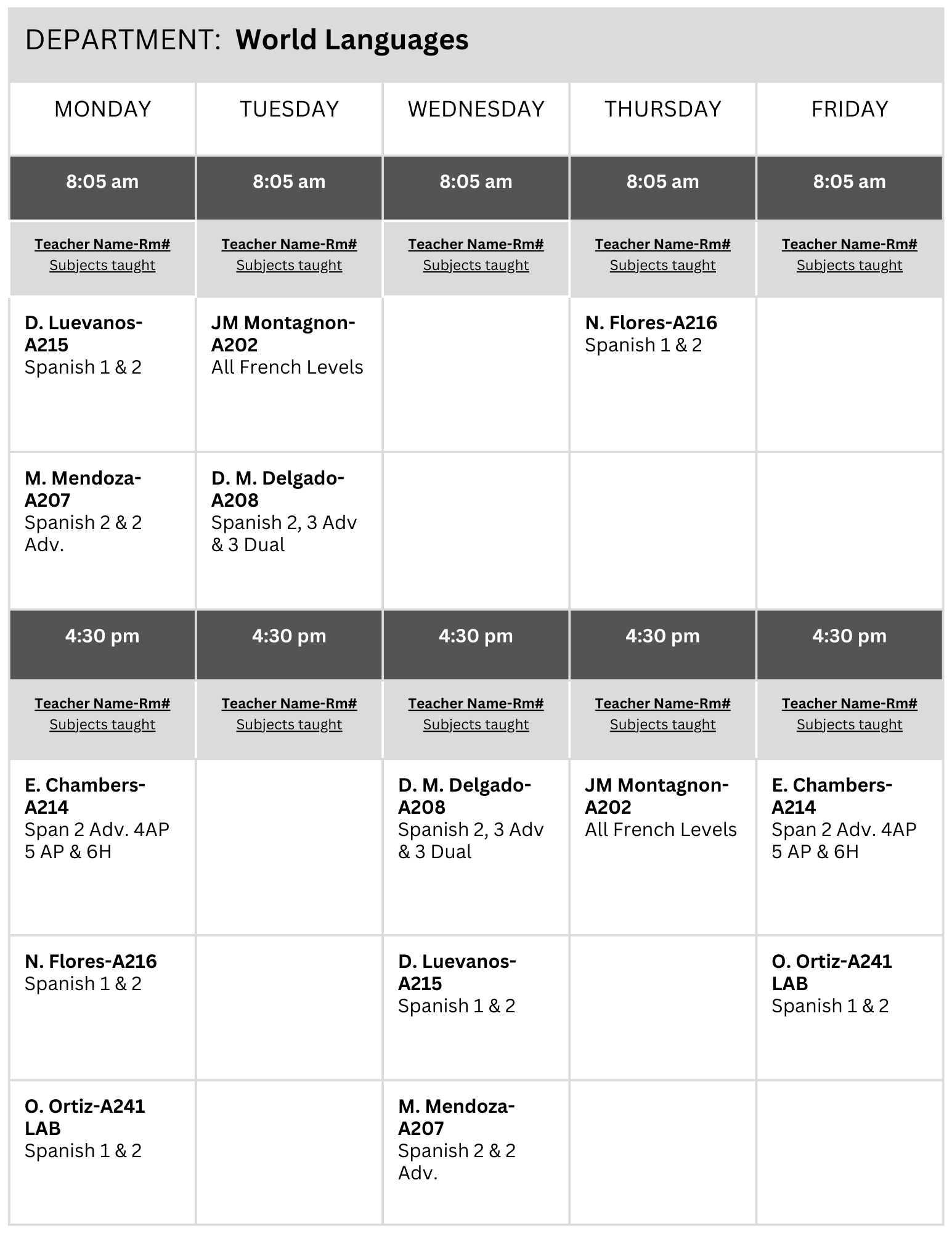 World Languages Tutoring Schedule