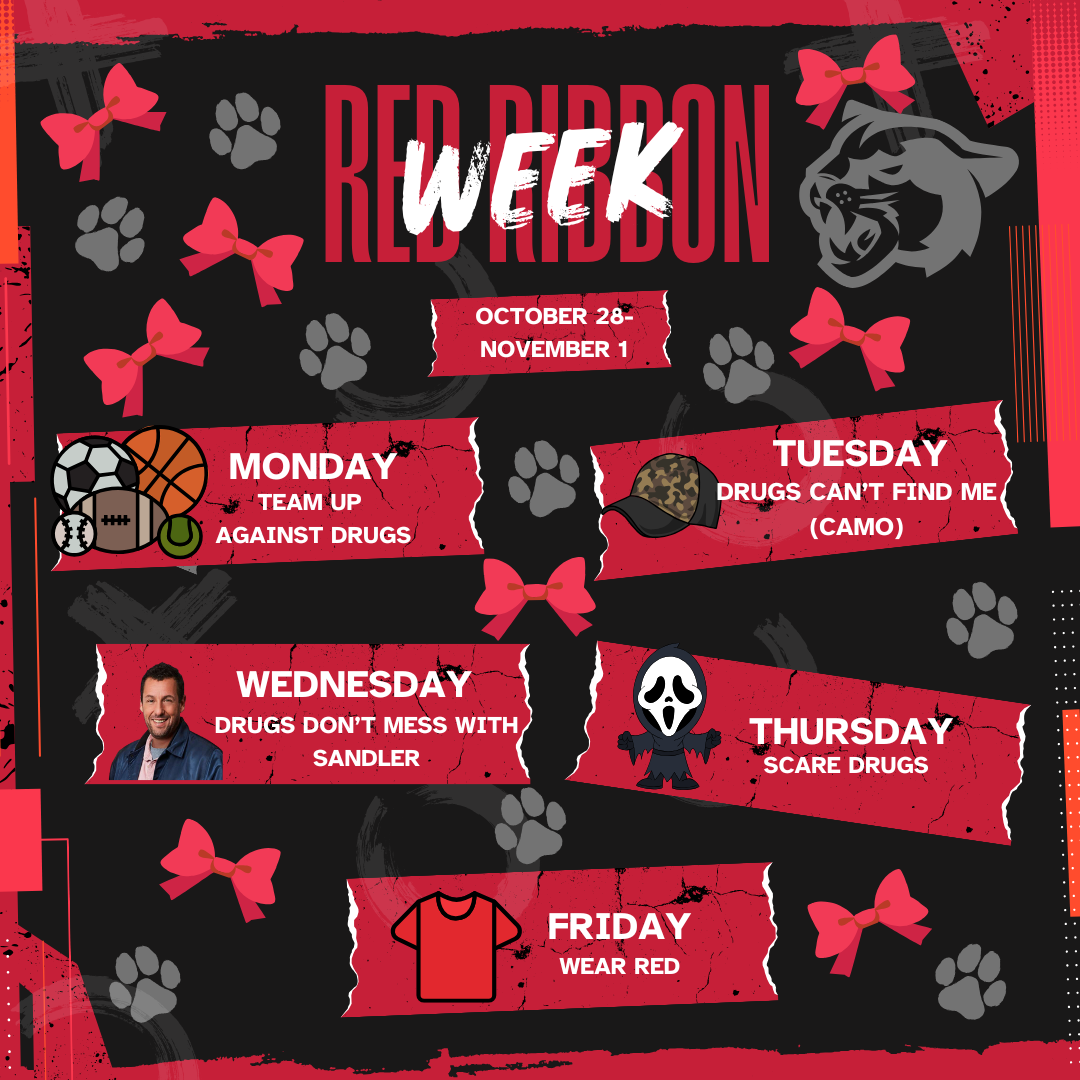 Graphic detailing Red Ribbon Week's daily themes. Monday is Sports themed, Tuesday is Camo themed, Wednesday is Adam Sandler themed, Thursday is Horror themed, and Friday is Red themed.