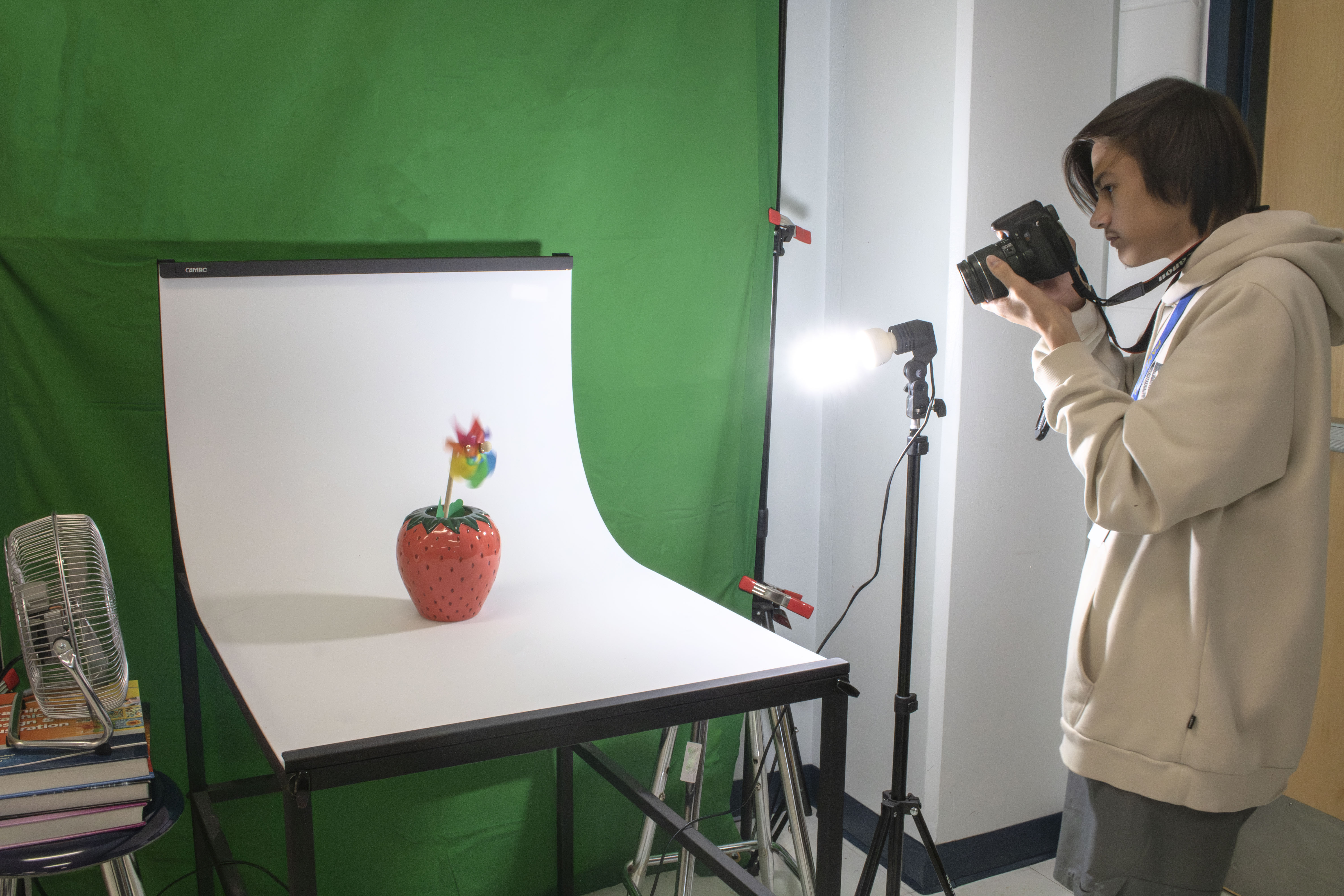 A student staging a photograph