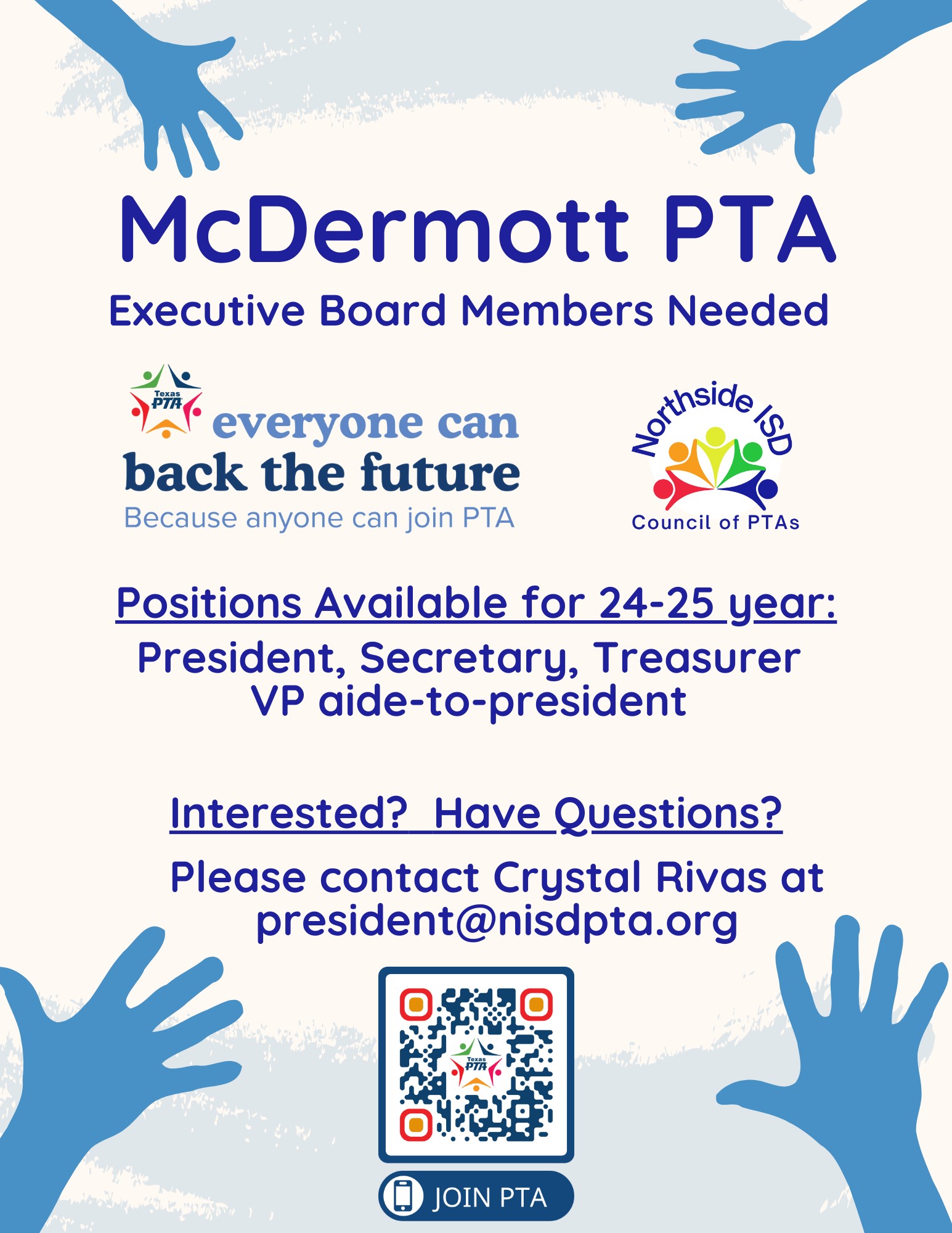 Flyer containing the information about executive PTA board positions shared in the announcement above