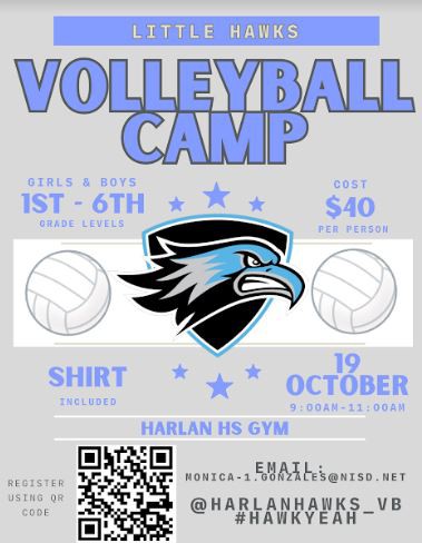 Volleyball Camp flyer for Harlan little hawks