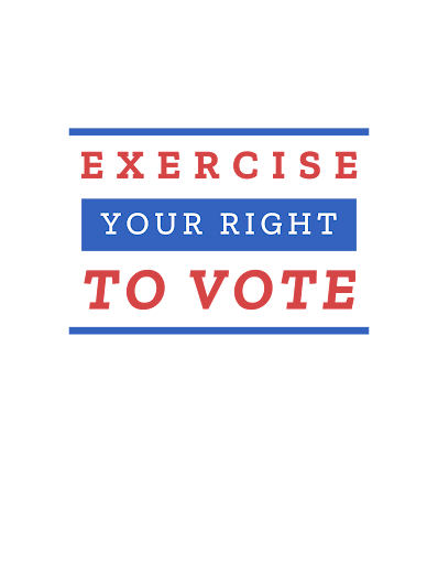 White poster with red and blue letters saying vote.