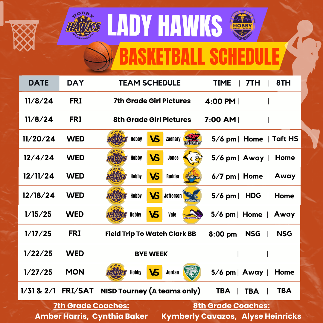 orange background with white boxes and black lettering stating the basketball scheudle for the lady hawks 24-25 season