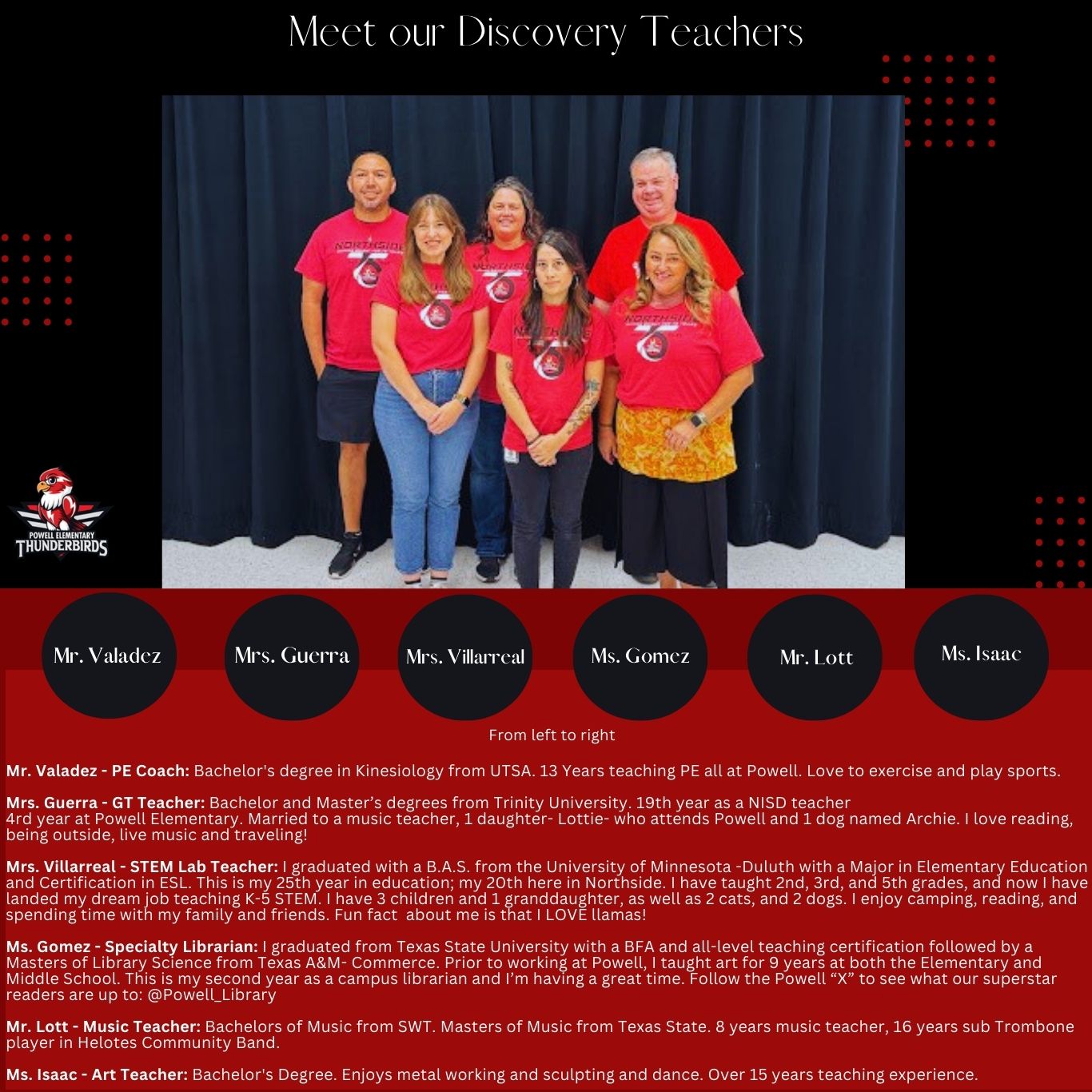 Discovery teachers (STEM, music, art, librarian, PE and GT) picture and bios