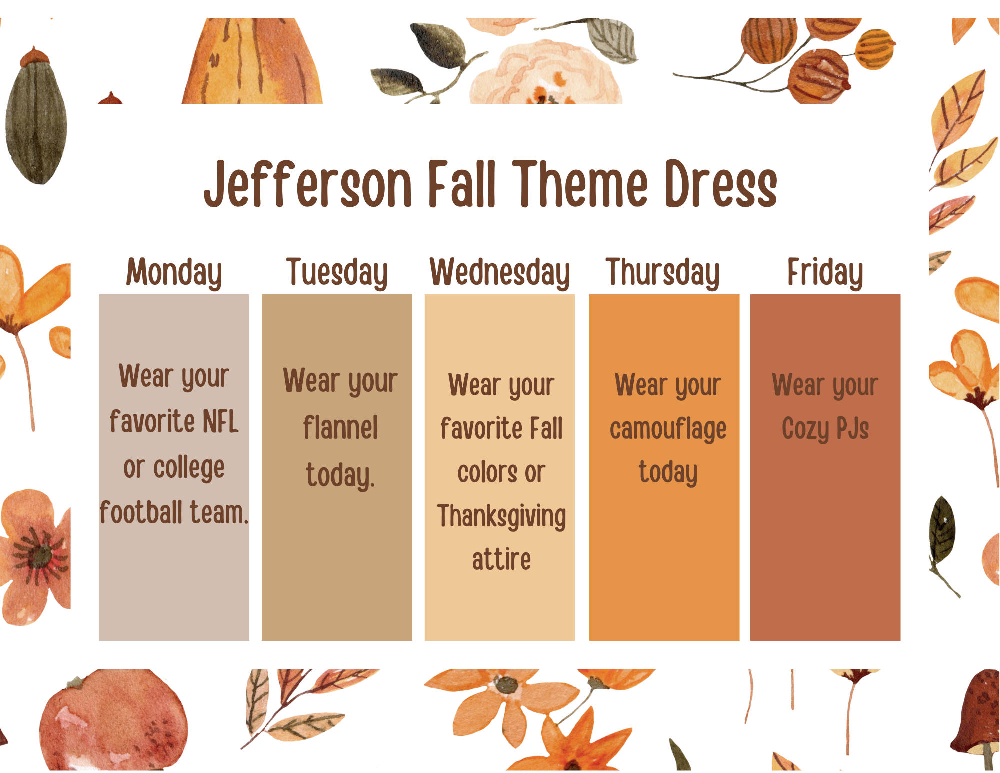 Flyer of what to wear the week before Thanksgiving