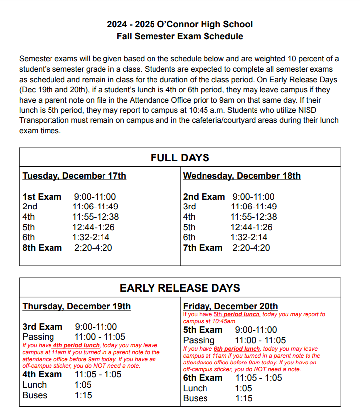 Fall Semester Exam Schedule 