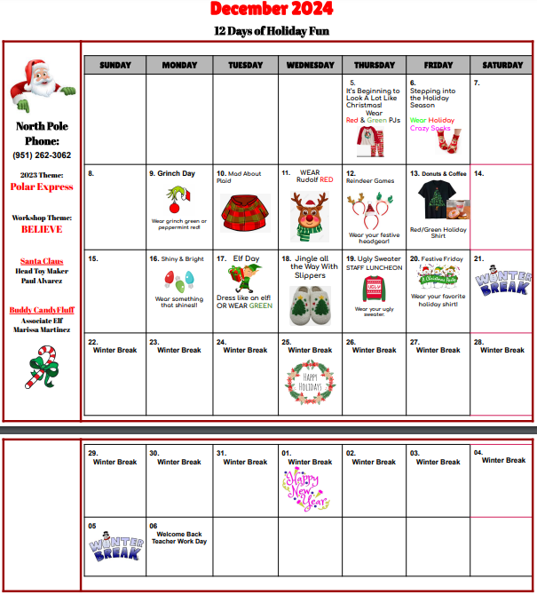 12 Dress up days of Holiday fun calendar