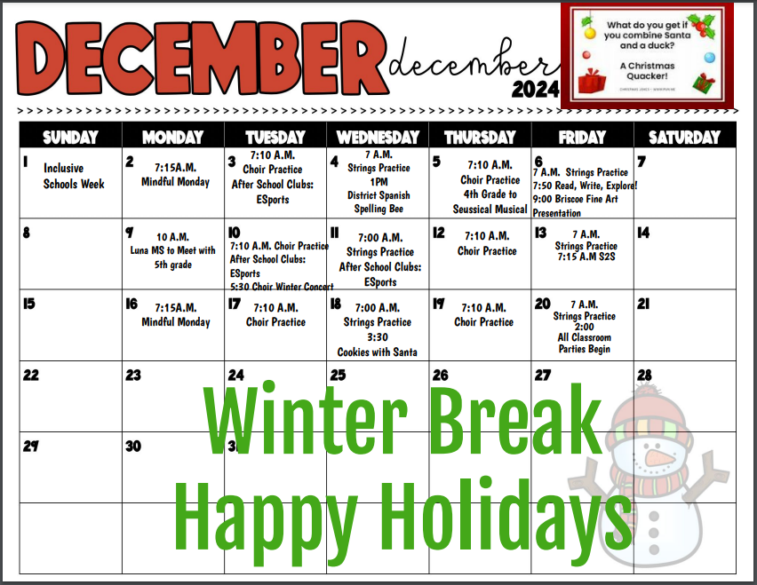 December Calendar For Cole ES 