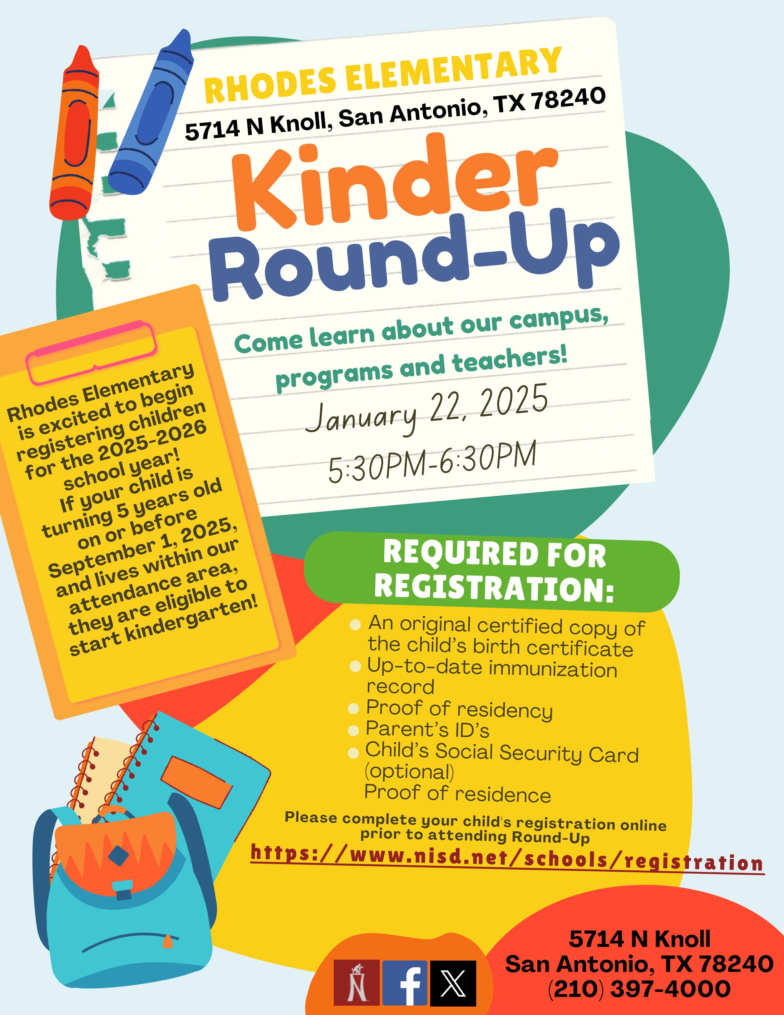 Rhodes Elementary School flyer on upcoming Kinder Round up 