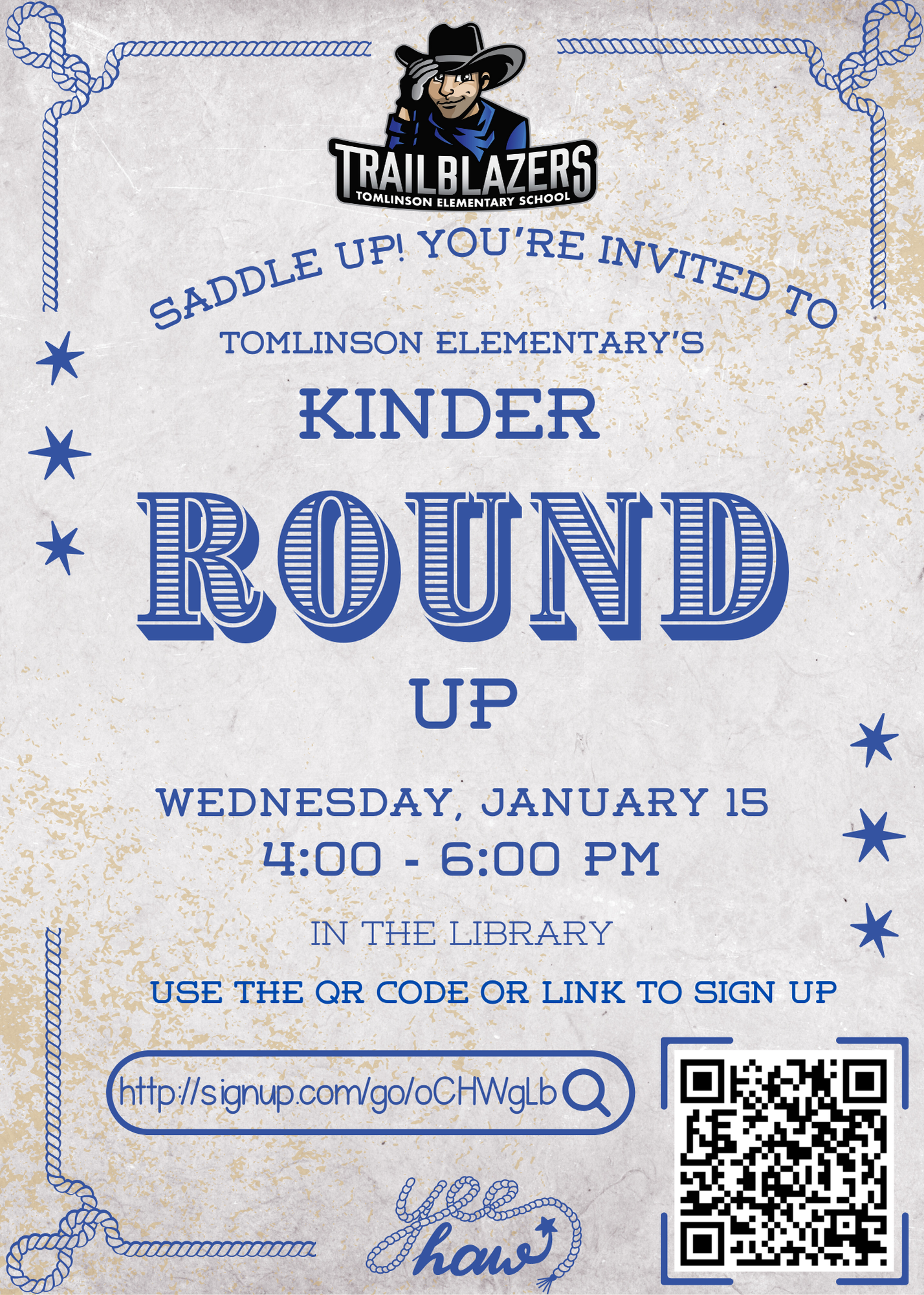 Kinder Round-Up event flyer on Wednesday, January 15, from 4:00 to 6:00 PM 