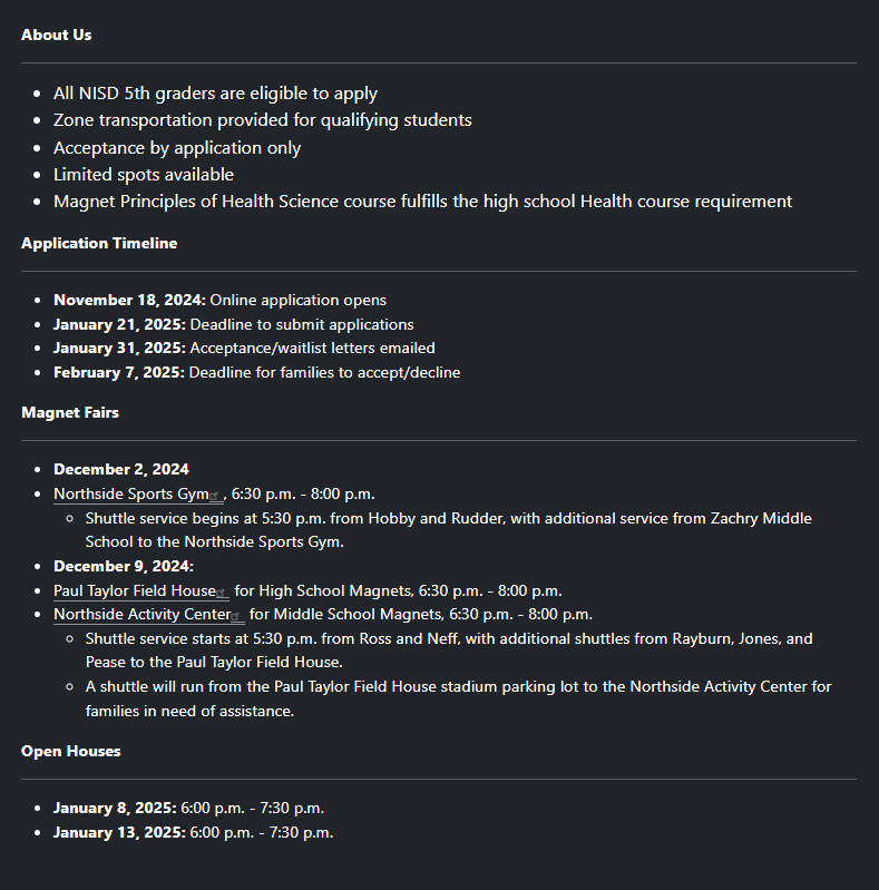 NISD Middle School Magnet Information-Applications Opened November 18, 2024