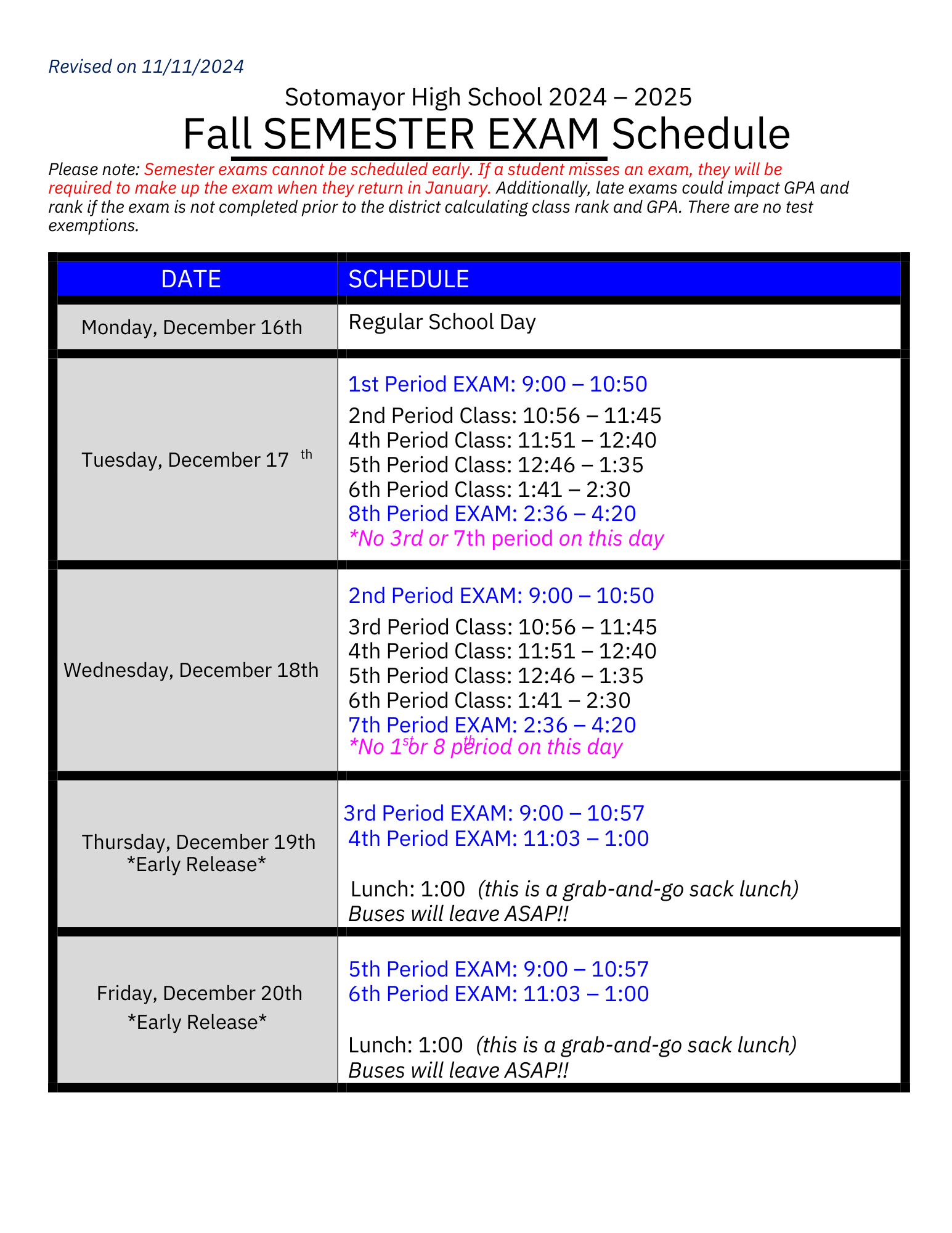 Bell schedule image for Fall testing