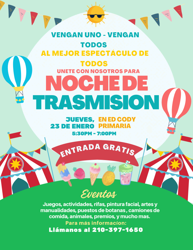 A green poster with red and white air balloons, Circus Tents and food in Spanish.