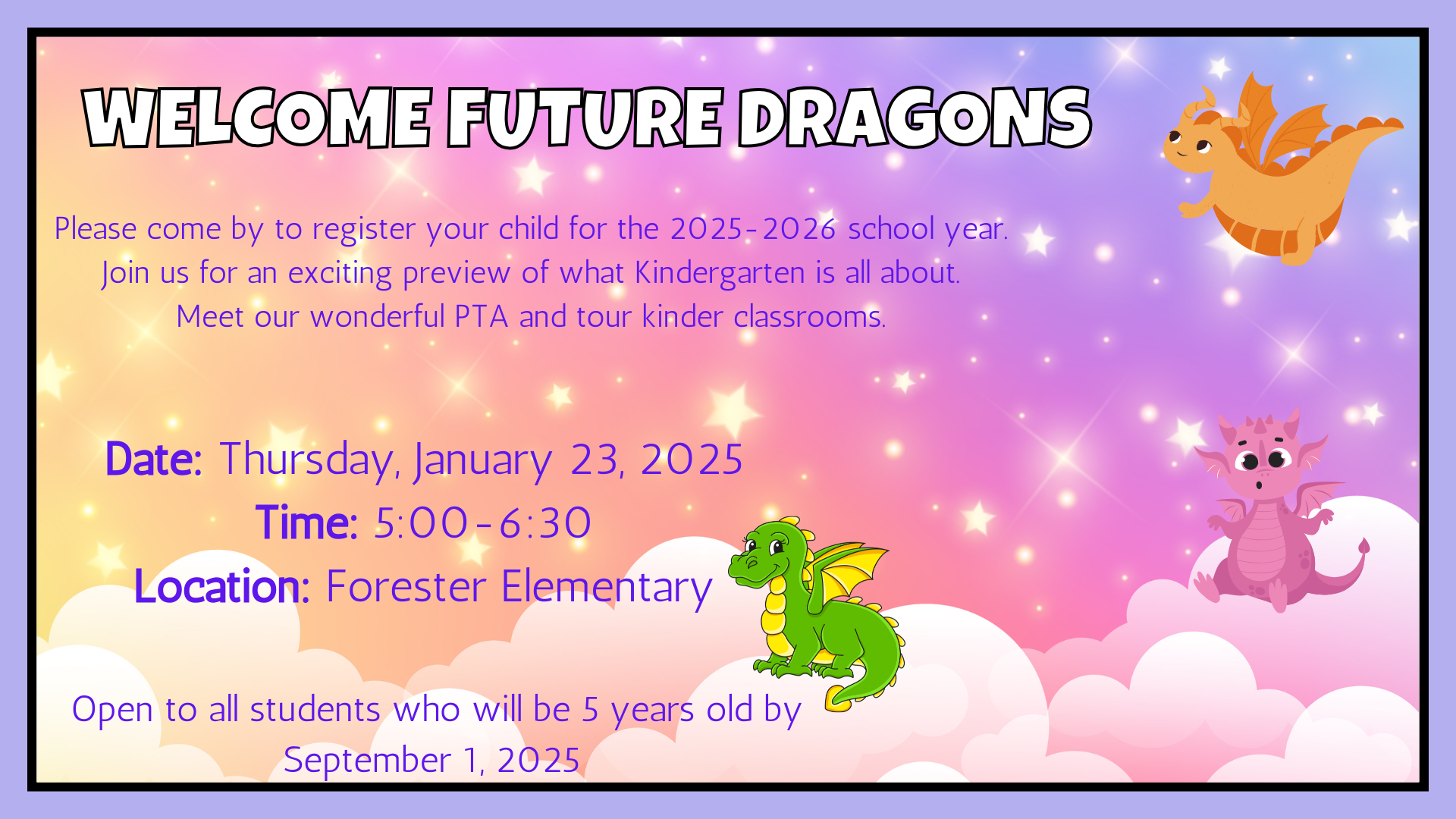 Image of baby dragons on clouds with text about kinder round-up