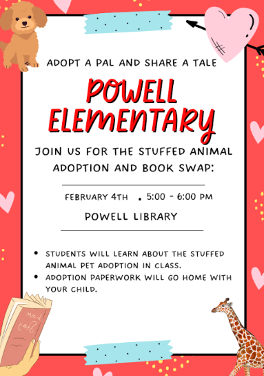 Stuffed animal adoption and book swap flyer with event's details