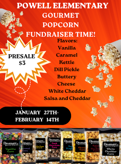 PTA Popcorn Fundraiser flyer with purchase and flavors details