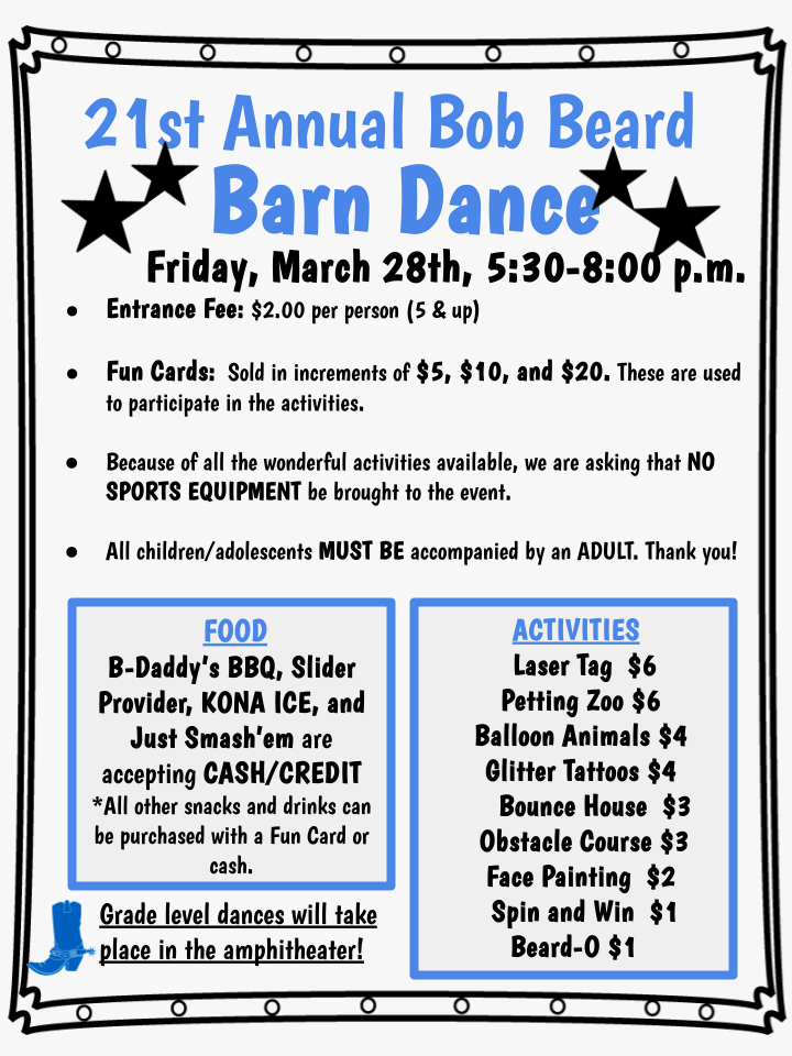 Flyer for 21st Annual Bob Beard Barn Dance on Friday, March 28th with the above information on it in black and blue font