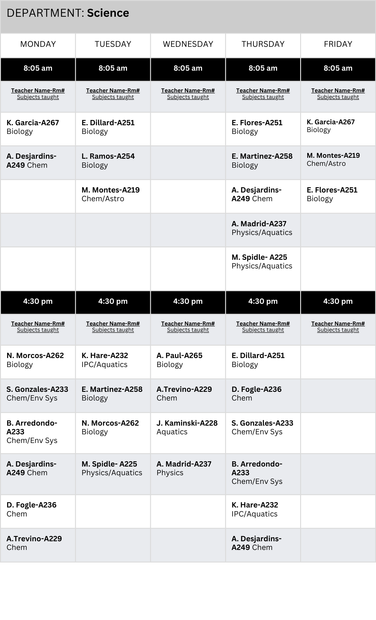 Tutoring Schedule for Science