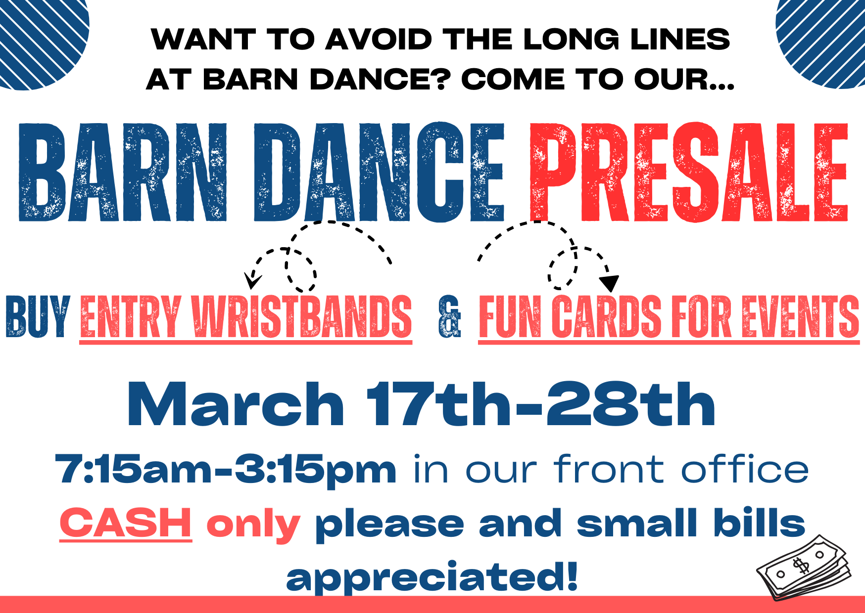 Flyer for Barn Dance Presale with above information on it in red, white and blue text