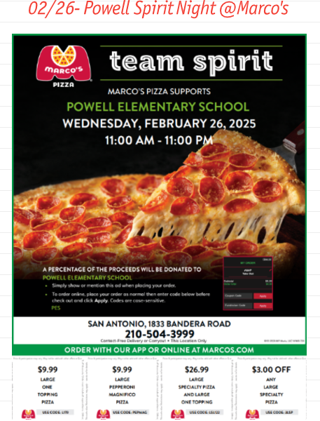 Powell Spirit Night @ Marco's flyer with event's details