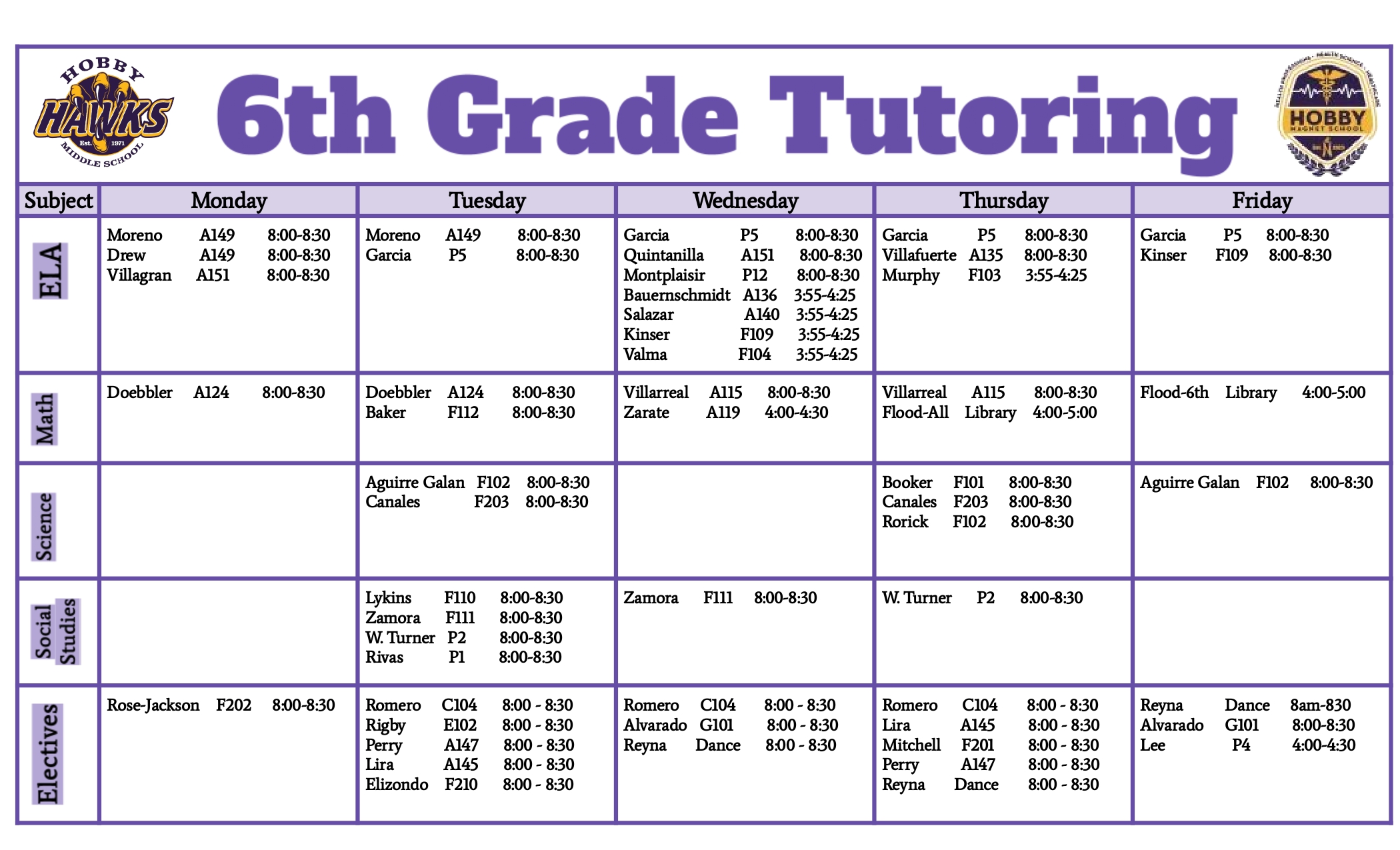 table of 6th grade tutoring at hobby. Purple title with black lettering stating times and locations for tutoring