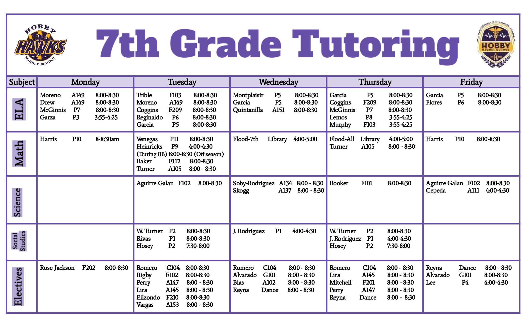 table of 7th grade tutoring at hobby. Purple title with black lettering stating times and locations for tutoring